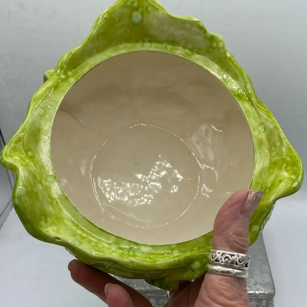 Vintage Holland Mold Green Cabbage Bowl With Lid Featuring Brown Bunnies On Top